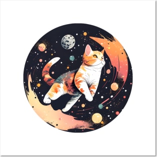 Cute Cat Moon Funny Cat - Floating in Space Posters and Art